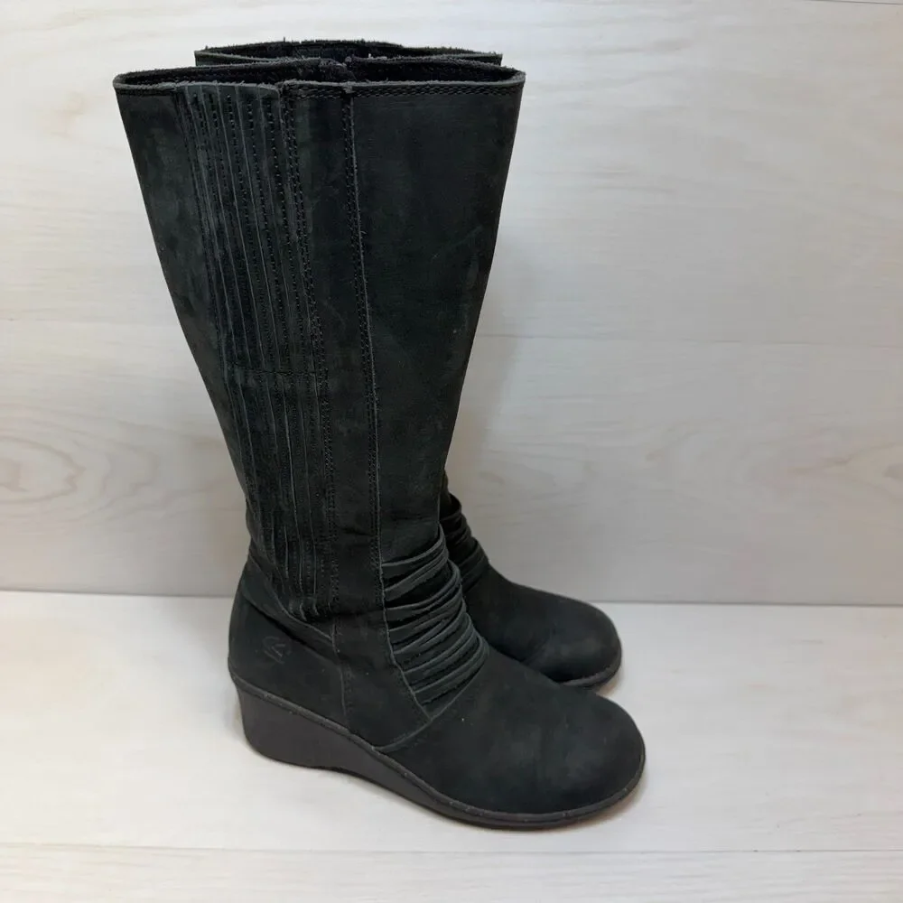 KEEN Zurich High Boot Womens Size 8.5 Black Leather Wedge Heel Mid Calf Side Zip